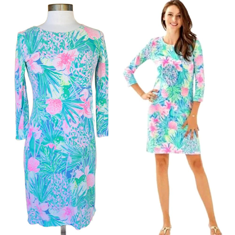 Lilly Pulitzer Charley Dress Small Multi Swizzle  3/4 Sleeve Aqua Pink